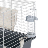 Small animal cage with white metal grid, grey plastic tray and transparent plastic water bottle holder.