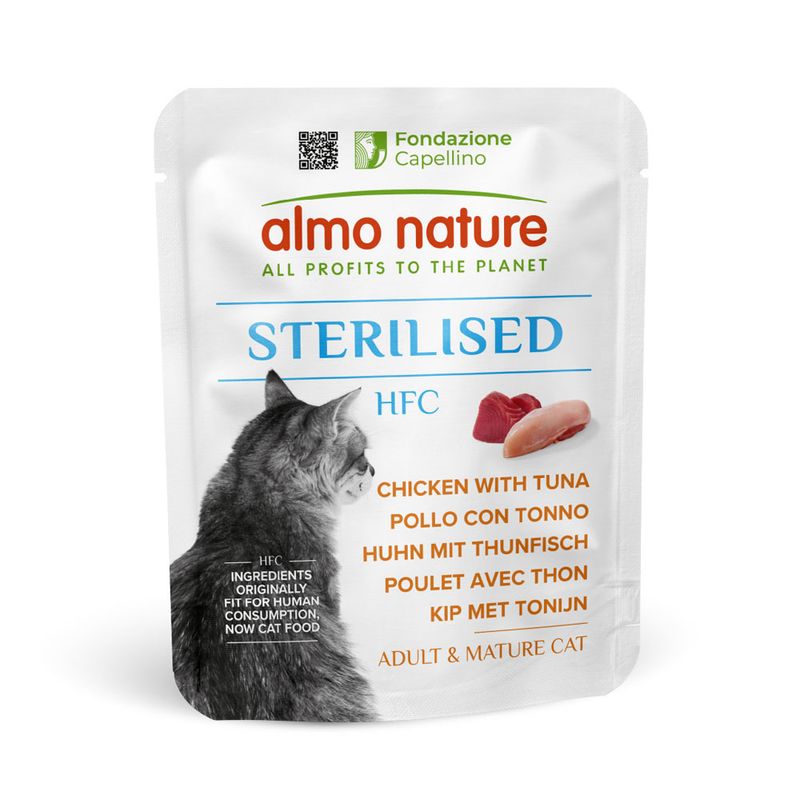 Sterilised HFC chicken with tuna, adult and mature cat food. Ingredients originally fit for human consumption. All profits to the planet. Multiple languages shown.