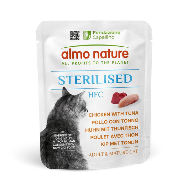 Sterilised HFC chicken with tuna, adult and mature cat food. Ingredients originally fit for human consumption. All profits to the planet. Multiple languages shown.