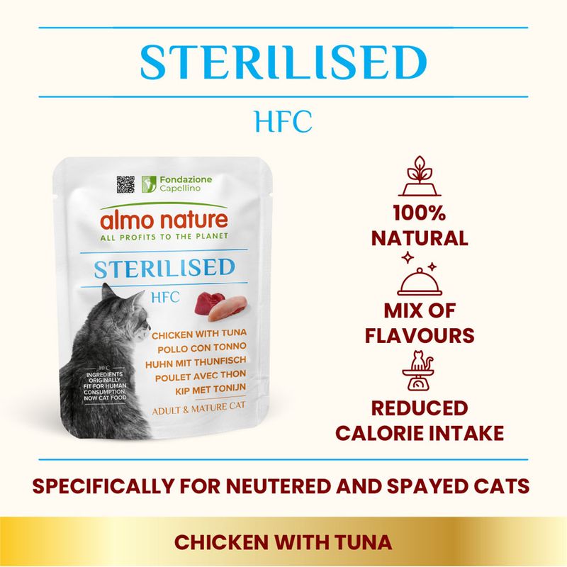 Sterilised HFC chicken with tuna, 100% natural, mix of flavours, reduced calorie intake, specifically for neutered and spayed cats. Adult and mature cat food.