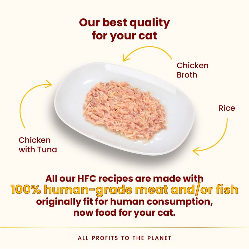 Image showing chicken with tuna, chicken broth and rice on a plate. Text states HFC recipes use 100% human-grade meat and/or fish, originally fit for human consumption.