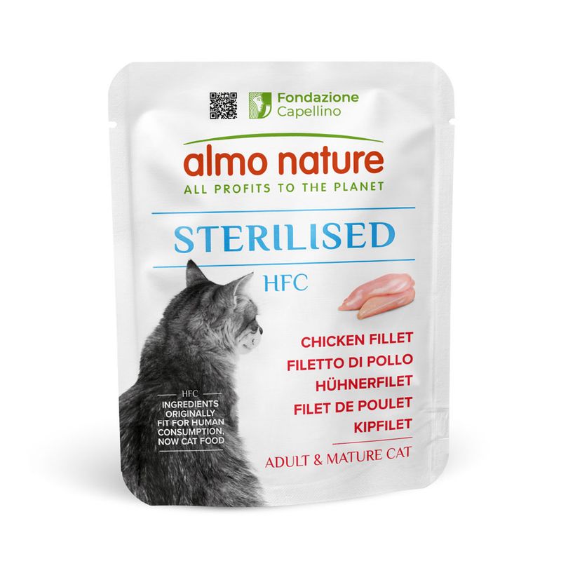 Sterilised HFC chicken fillet for adult and mature cats. Ingredients originally fit for human consumption, now cat food. All profits to the planet. Multilingual product text shown.