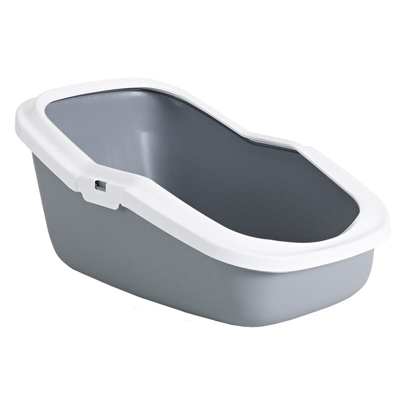 Grey cat litter tray with white rim and lowered entry, suitable for easy use.