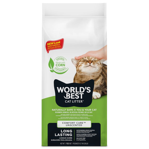 World's Best Cat Litter Comfort Care, unscented. Naturally safe for you and your cat, made from sustainable corn. Long-lasting, dust-free, excellent odour control.