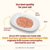 Tuna with shrimps, fish broth and rice shown on a plate. All HFC recipes use 100% human-grade meat or fish, originally fit for human consumption, now food for your cat.