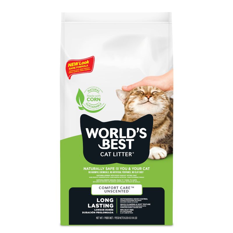 World's Best Cat Litter Comfort Care Unscented. Naturally safe, made from sustainable corn. Long-lasting, odourless, dust-free, easy clumping, soft texture.