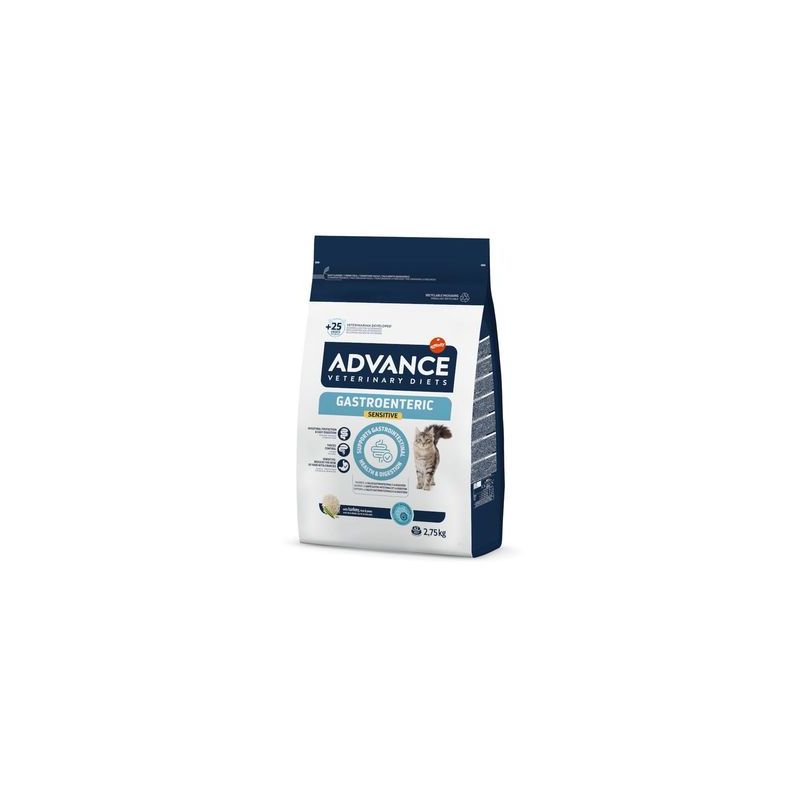Bag labelled Advance Veterinary Diets Gastroenteric Sensitive, supports gastrointestinal health and digestion, 2.75kg. Image includes a pet and key product benefits.