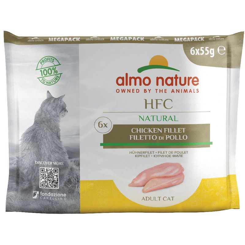 Almo Nature HFC Natural Megapack, 6x55g, chicken fillet for adult cats. 100% natural ingredients. QR code for more information.