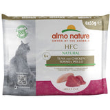 Almo Nature HFC Natural Megapack, 6x55g, tuna and chicken for adult cats. Profits 100% to nature. QR code for more information.