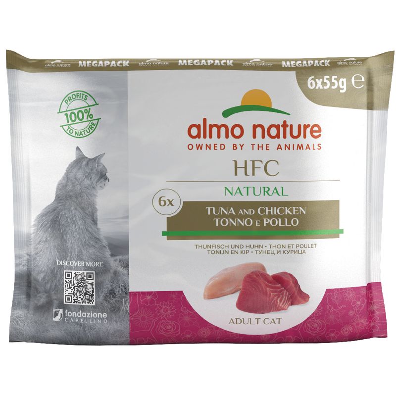 Almo Nature HFC Natural Megapack, 6x55g, tuna and chicken for adult cats. Profits 100% to nature. QR code for more information.