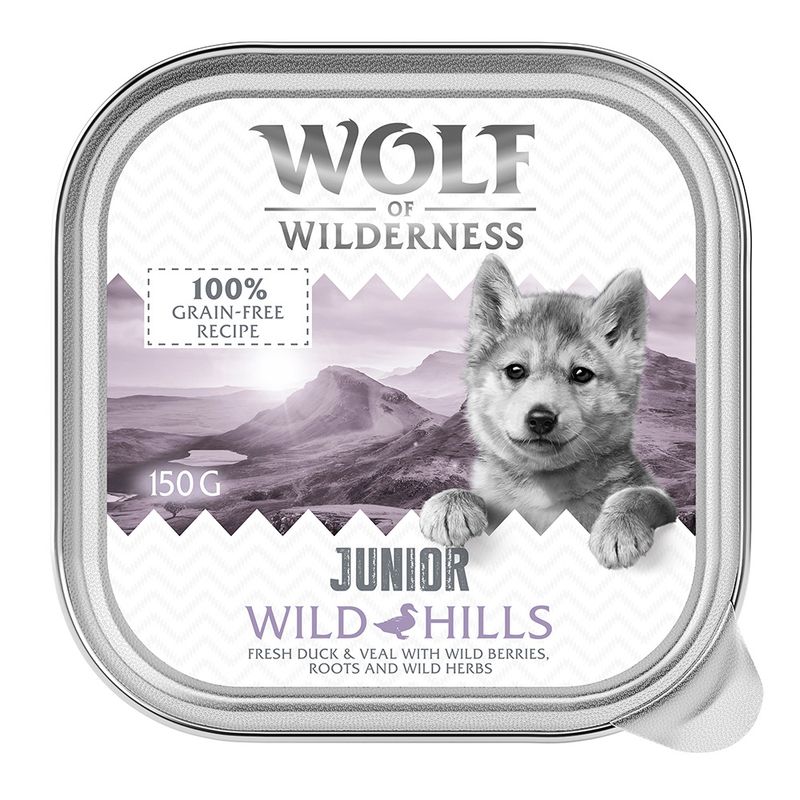 Wolf of Wilderness Junior Wild Hills, 150g, 100% grain-free recipe with fresh duck and veal, wild berries, roots and wild herbs.