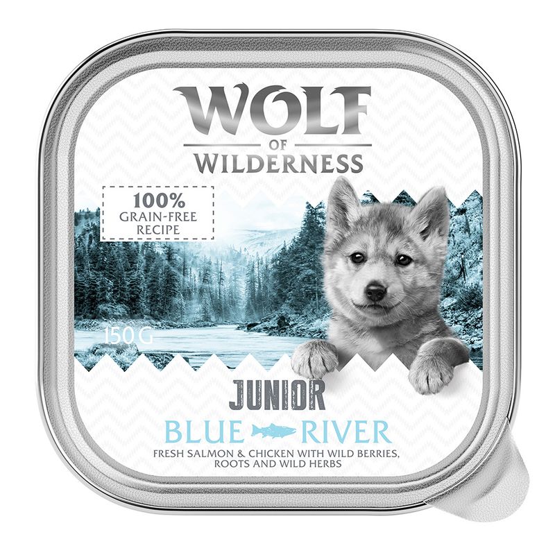 Wolf of Wilderness Junior Blue River, 150g. 100% grain-free recipe with fresh salmon and chicken, wild berries, roots and herbs.