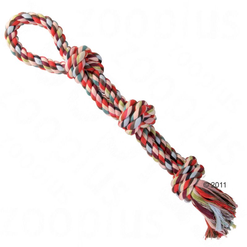 Braided toy made of colourful rope with loop and knot, suitable for tug and throw games.