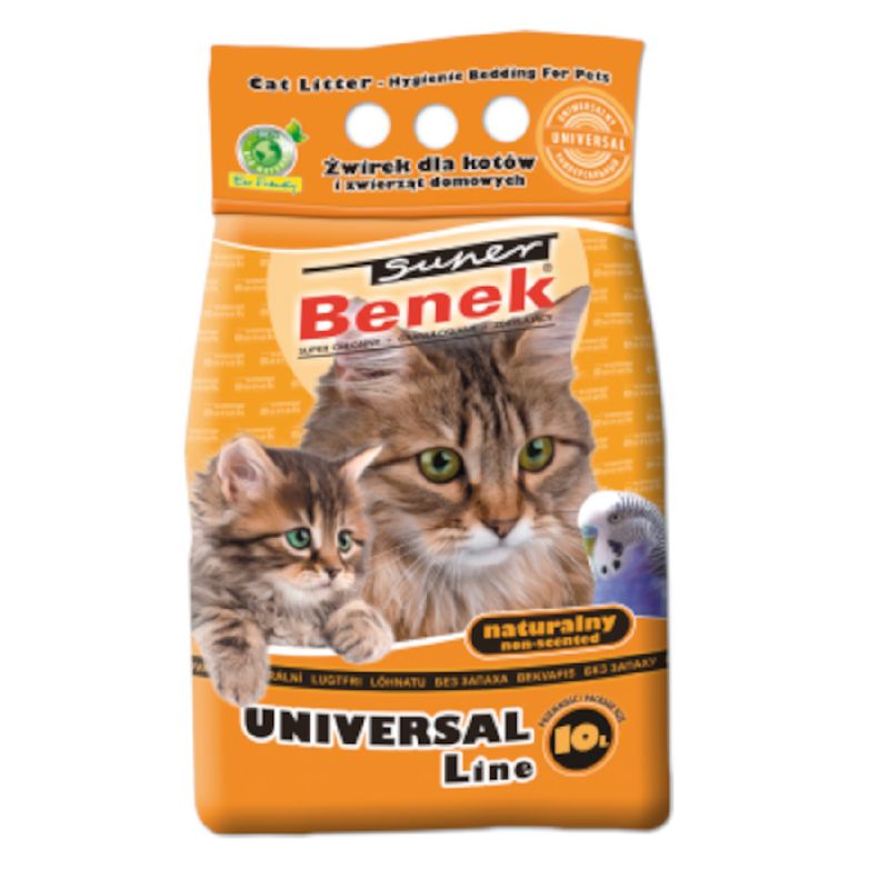 Super Benek Universal Line cat litter, natural and unscented bedding for pets, packaging with images of a cat and bird, 10L content.