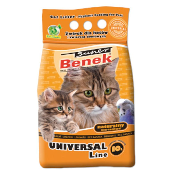 Super Benek Universal Line cat litter, natural and unscented bedding for pets, packaging with images of a cat and bird, 10L content.