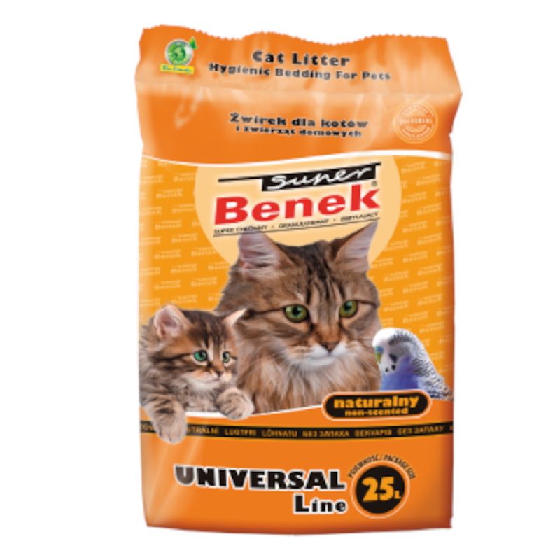 Super Benek cat litter Universal Line, natural and unscented litter, 25L packaging. Hygienic bedding for pets.