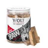 Wolf of Wilderness RAW Beef Liver, freeze-dried snack in a transparent container with wolf design.