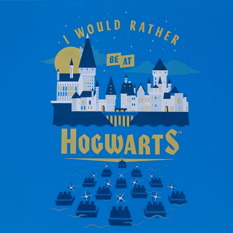 Illustration of Hogwarts with the text 'I would rather be at Hogwarts' and boats on water in the foreground.
