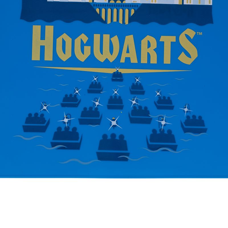 Hogwarts lettering in gold with illustration of boats on water heading to the castle.