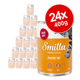 Smilla Poultry Pot with Beef, 24 x 400g tins. Visible text: Food for a lifetime, contains taurine, grain-free, made in Germany. Orange and white packaging with cat image.