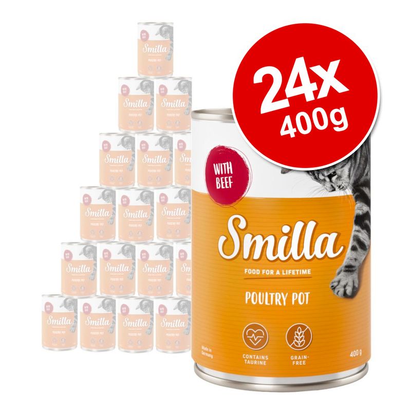 Smilla Poultry Pot with Beef, 24 x 400g tins. Visible text: Food for a lifetime, contains taurine, grain-free, made in Germany. Orange and white packaging with cat image.