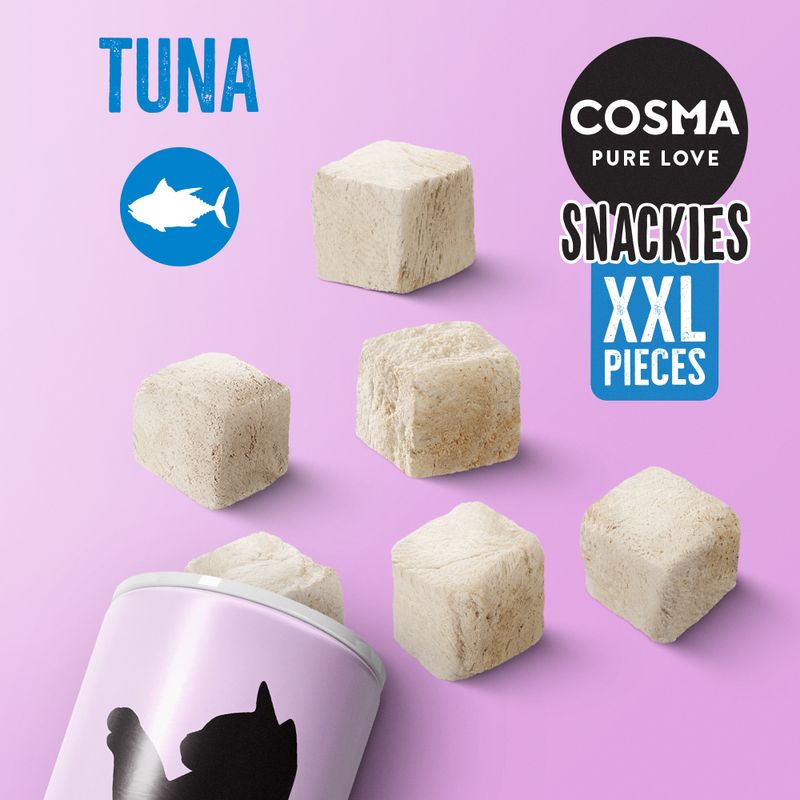Cosma Pure Love Snackies XXL Pieces, tuna flavour, shown as large cube-shaped treats with product name and tuna icon visible.