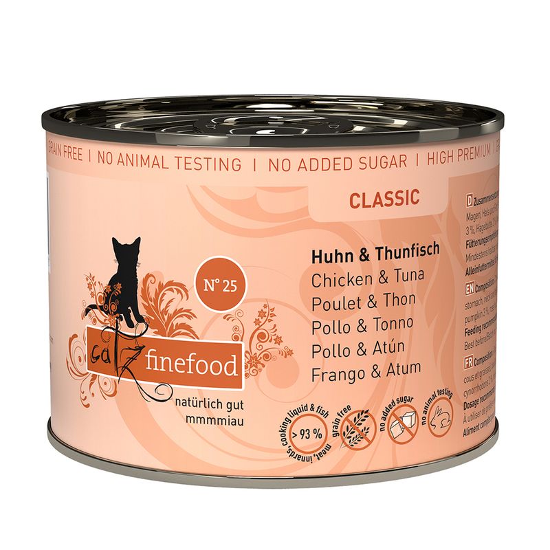 Catz finefood Classic No. 25, chicken & tuna, grain-free, no added sugar, no animal testing, 93% meat content.