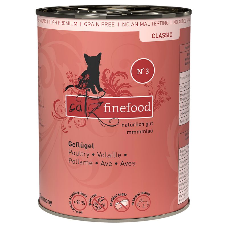 Catz Finefood Classic No. 3, poultry, naturally good, grain-free, no added sugar, no animal testing, 95% meat and cooking liquid.