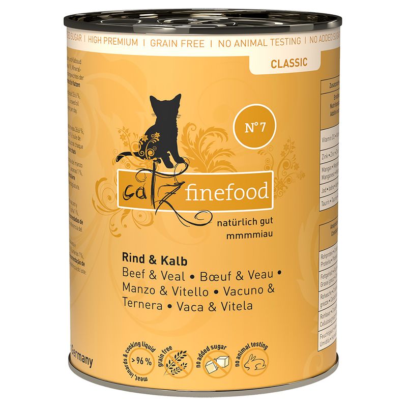 Catz Finefood Classic No. 7, beef & veal, grain-free, no added sugar, no animal testing, made in Germany.
