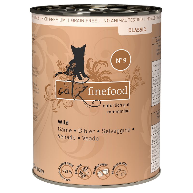 Catz Finefood Classic No. 9, game. High-quality cat food: grain-free, no added sugar, no animal testing. 93% meat content in cooking liquid. Made in Germany.