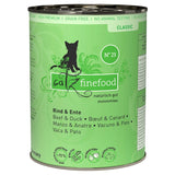 Catz Finefood Classic No. 23, beef & duck, grain-free, no added sugar, no animal testing, 93% meat content, made in Germany.