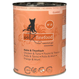 Catz Finefood Classic No. 25, chicken & tuna, no added sugar, grain-free, no animal testing, 93% meat content, made in Germany.
