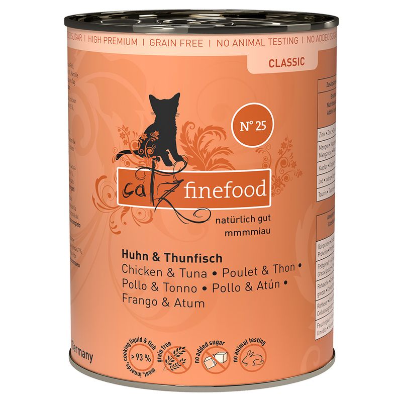 Catz Finefood Classic No. 25, chicken & tuna, no added sugar, grain-free, no animal testing, 93% meat content, made in Germany.