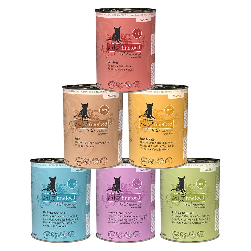 catz finefood Classic wet food, varieties: poultry, game, beef & veal, herring & shrimps, lamb & rabbit, salmon & poultry. Grain-free, no animal testing.