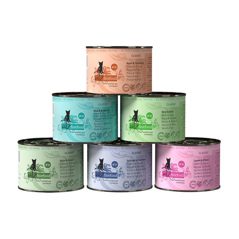 catz finefood Classic wet food, various varieties: chicken & tuna, game & redfish, beef & duck, chicken & pheasant, poultry & shrimp, lamb & horse.