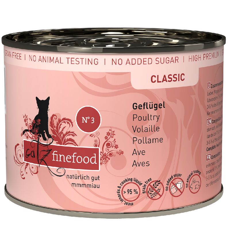 Catz Finefood Classic No. 3 poultry, grain-free, no added sugar, no animal testing, 95% meat content.
