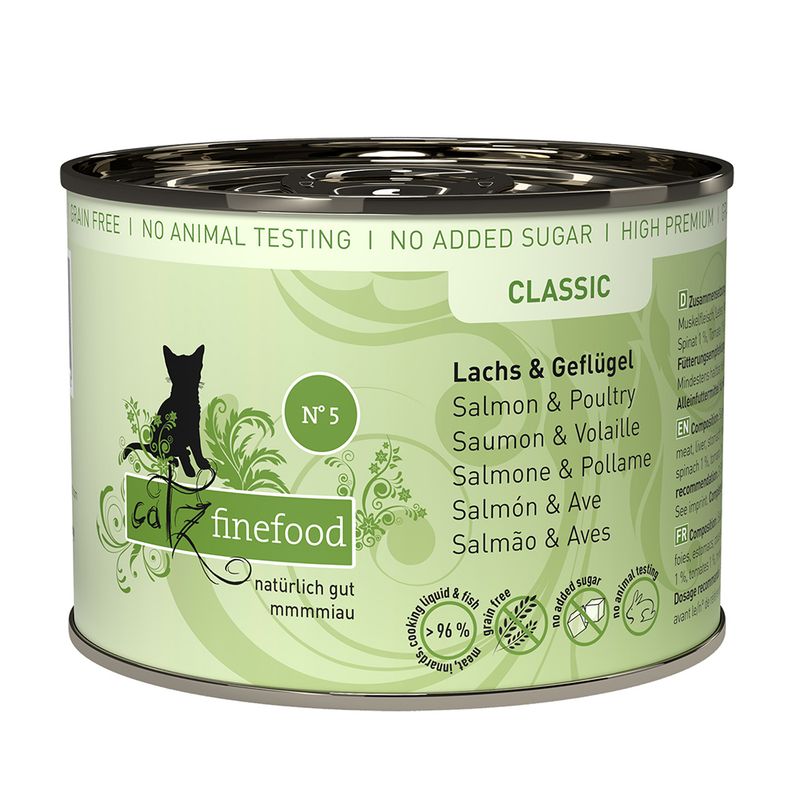 Catz Finefood Classic No. 5 tin, salmon and poultry flavour, grain free, no animal testing, no added sugar, 96% meat in cooking liquid and fish, visible on product label.