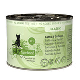 Catz finefood Classic No. 5, salmon & poultry, grain-free, no added sugar, no animal testing, 96% meat content.
