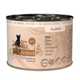 Catz finefood Classic No. 9 wet food tin, wild game flavour, grain free, no animal testing, no added sugar, 93% meat and cooking liquid, visible ingredient and feature icons.