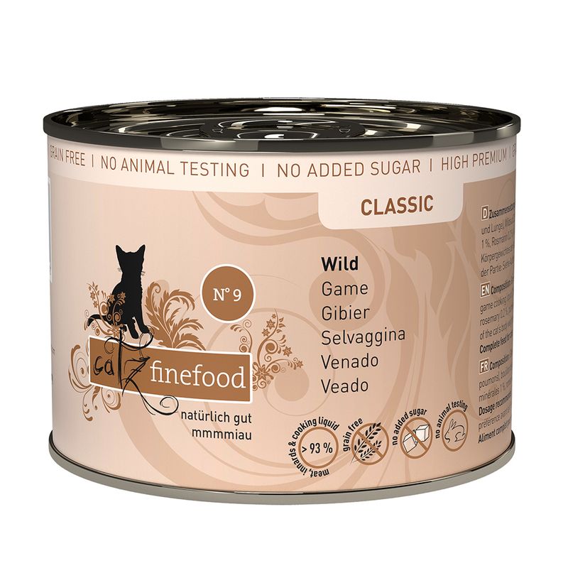 Catz finefood Classic No. 9, game. Grain-free, no added sugar, no animal testing. 93% meat and cooking liquid.