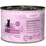Catz Finefood Classic No. 11, lamb & rabbit, grain-free, no added sugar, no animal testing, 93% meat and cooking liquid.