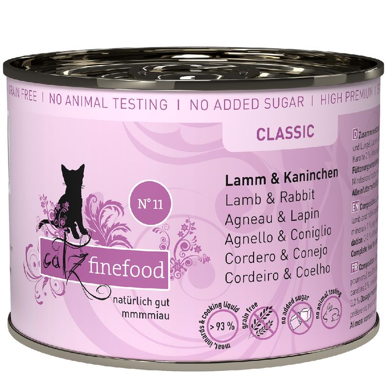 Catz Finefood Classic No. 11, lamb & rabbit, grain-free, no added sugar, no animal testing, 93% meat and cooking liquid.
