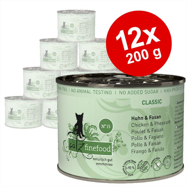Catz Finefood Classic No. 15, chicken & pheasant, 12x200g cans. Grain-free, no animal testing, no added sugar, high meat content, naturally good.