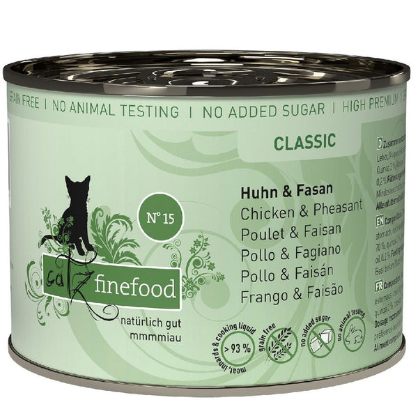 catz finefood Classic No. 15, chicken & pheasant, grain-free, no added sugar, no animal testing, 93% meat content and cooking liquid.