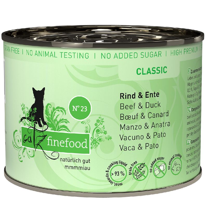 Catz Finefood Classic No. 23, beef & duck, grain-free, no animal testing, no added sugar, 93% meat content and cooking liquid.