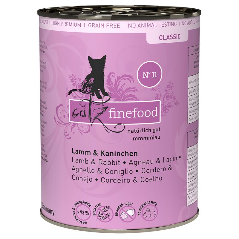 Catz Finefood Classic No. 11, lamb & rabbit, grain-free, no added sugar, no animal testing, 93% meat and cooking broth, made in Germany.