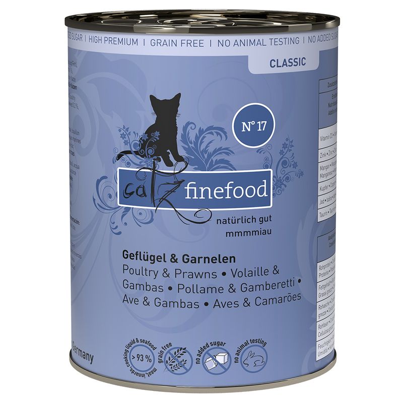 Catz finefood Classic No. 17, poultry & shrimp, 93% animal ingredients and seafood, no sugar, grain-free, no animal testing, made in Germany.
