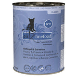 Catz finefood Classic No. 17, poultry & shrimp, 93% animal ingredients and seafood, no sugar, grain-free, no animal testing, made in Germany.