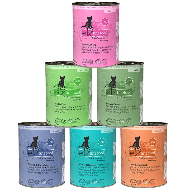 catz finefood Classic wet food, varieties: lamb & horse, beef & duck, chicken & pheasant, poultry & shrimp, game & redfish, chicken & tuna. Grain-free, no animal testing.