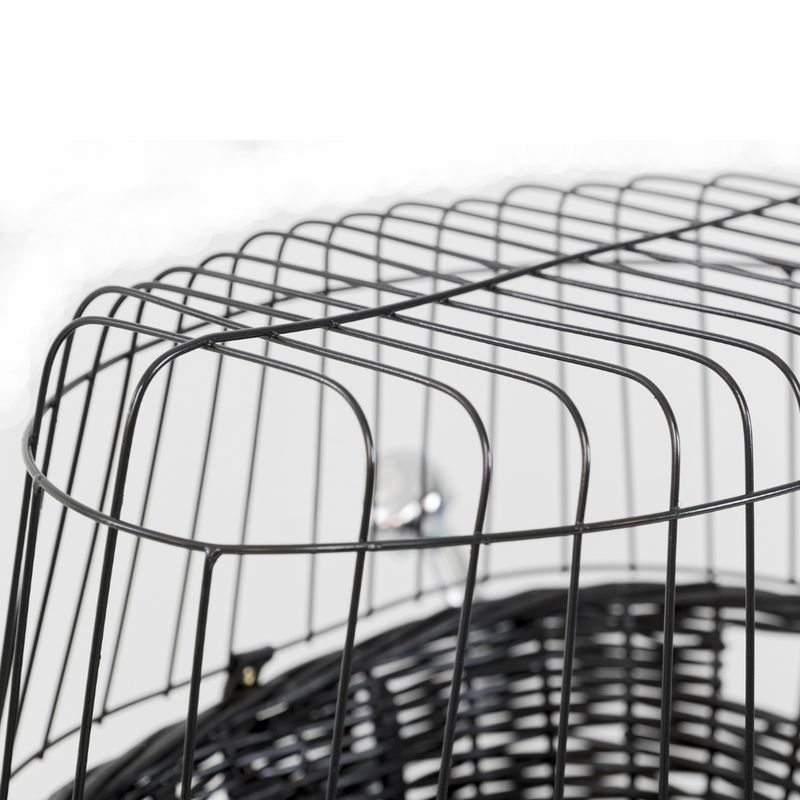 Close-up of a black metal cage with grid structure, suitable for safely housing pets or accessories.